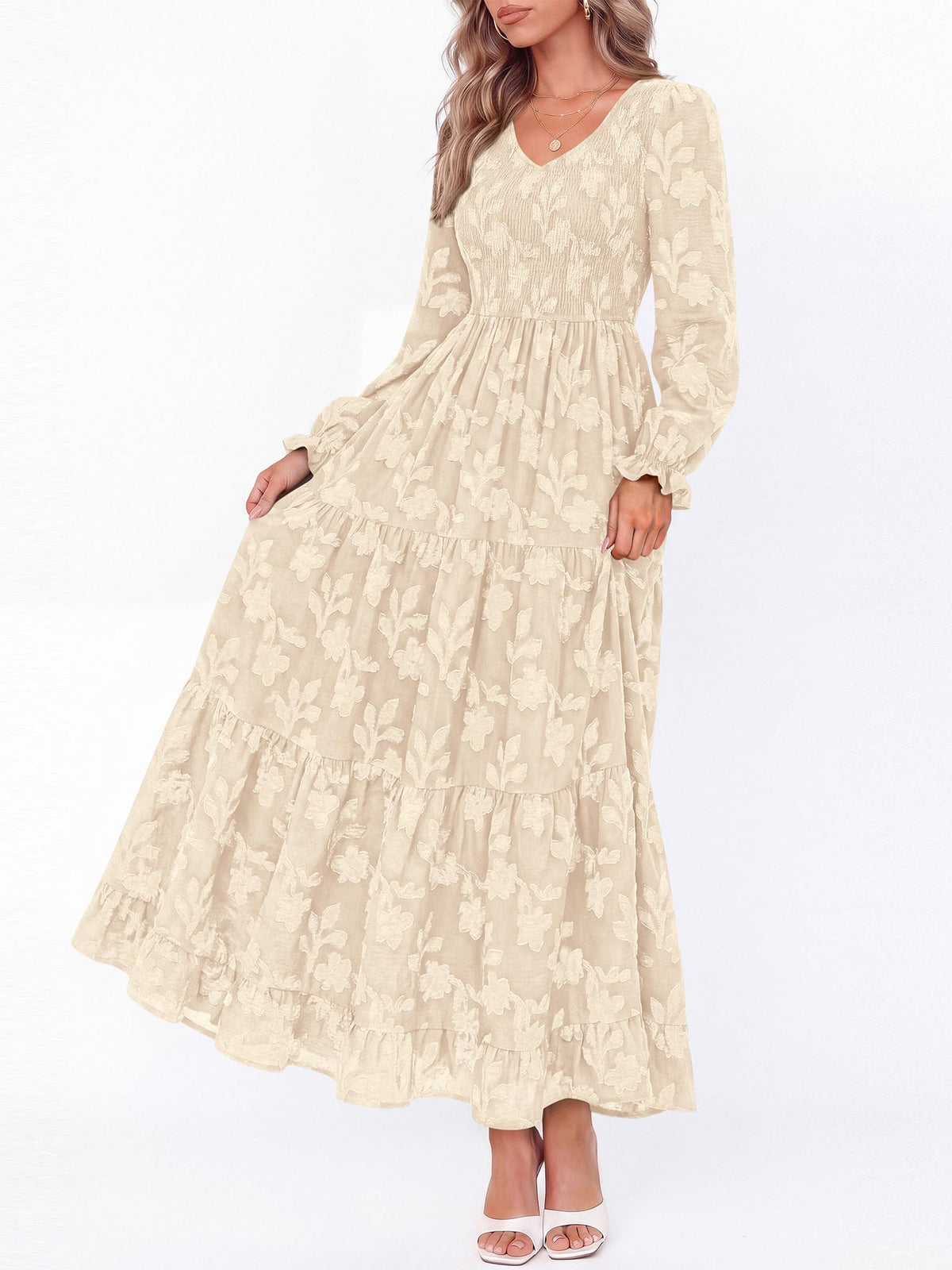 FreshPretty Womens Long Sleeve V Neck Wedding Guest Maxi Dress,Casual Floral Boho Flowy Smocked Long Dresses With Pockets, High Waist, A Line, 2026 Fall Semi Formal Cocktail Party Dress