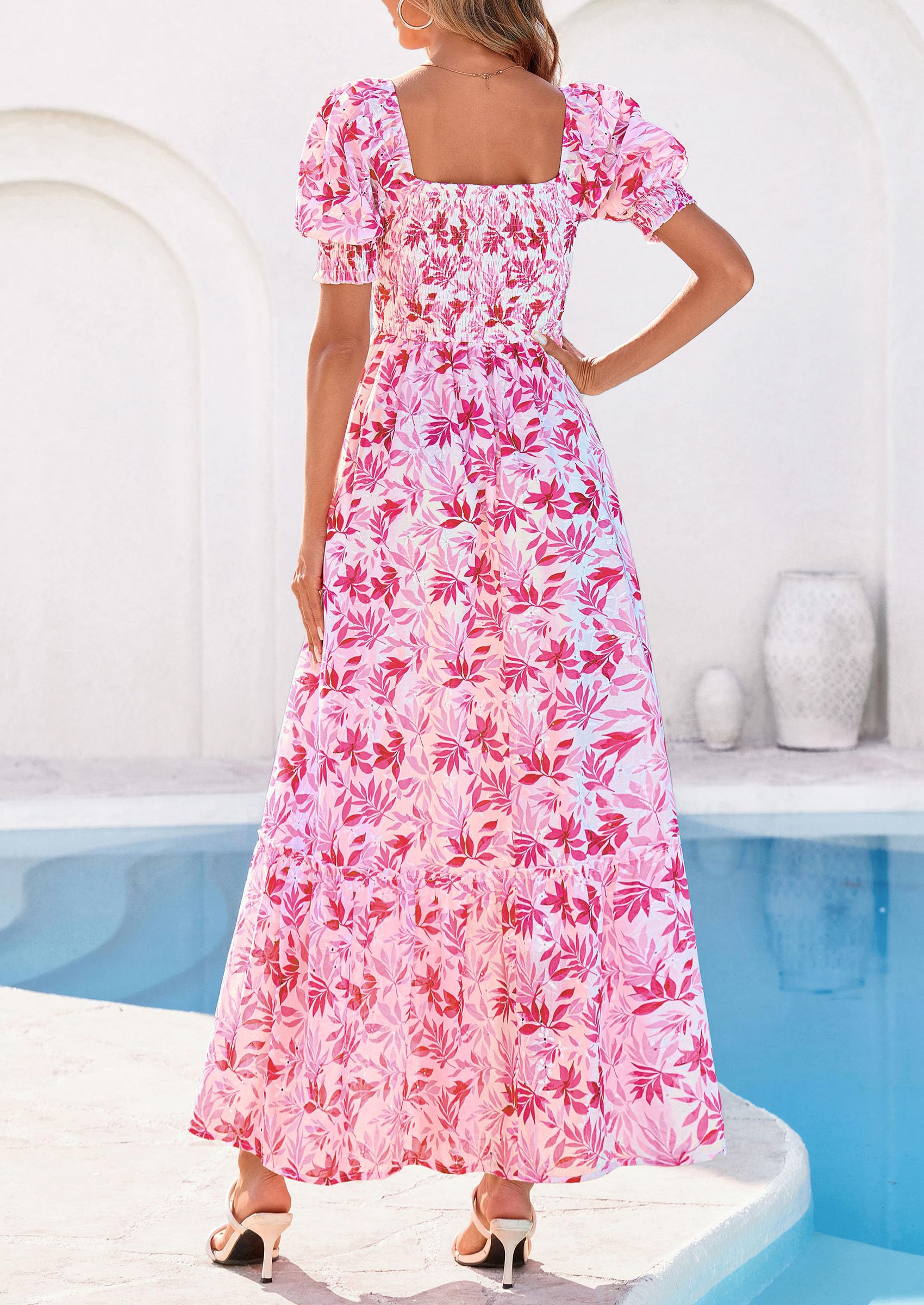 PRETTYGARDEN Women's Floral Boho Maxi Dresses Flowy Short Sleeve A Line Smocked Eyelet Summer Beach Vacation Clothes