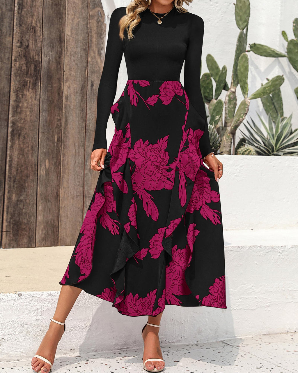 FreshPretty Womens Floral Maxi Dress Fall Casual Crewneck Long Sleeve Ruffle Flowy Cocktail Wedding Guest Dresses