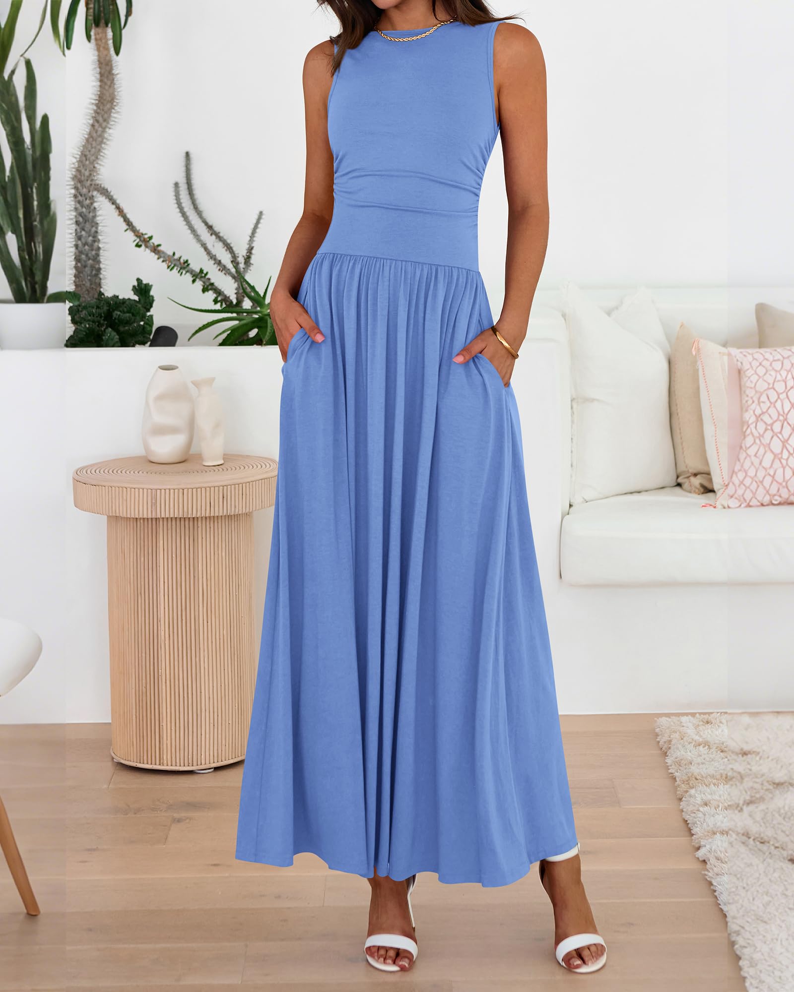BTFBM Summer Maxi Dresses for Women Spring Sleeveless Casual Ruched High Waisted Long Sundress Flowy Beach Dress