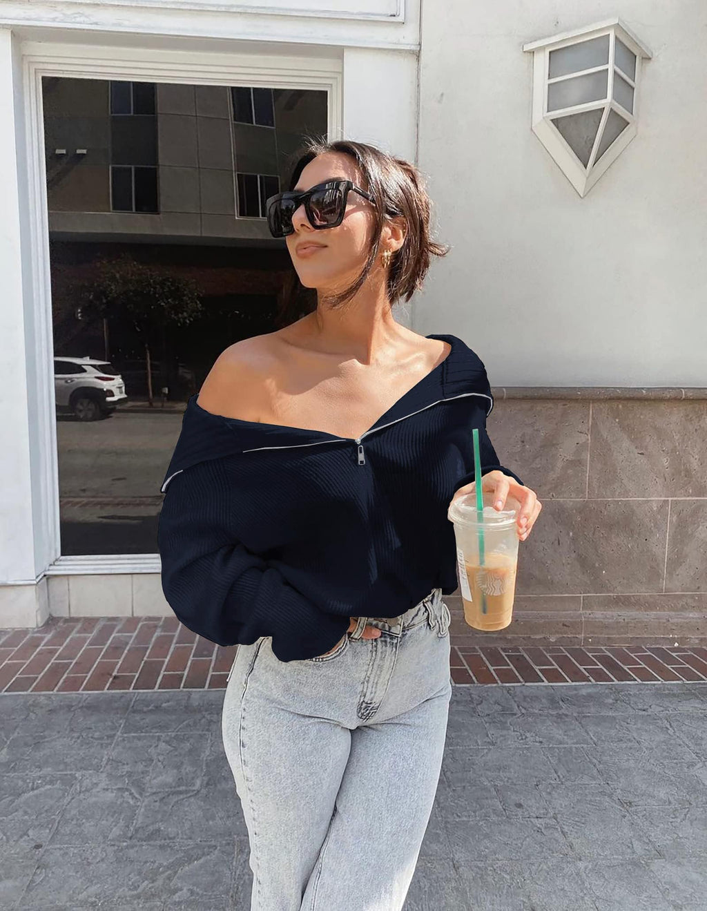 FreshPretty Womens Sweaters Quarter Zip Pullover V Neck Collar Long Sleeve Ribbed Knit Loose Casual Winter Fall Sweater