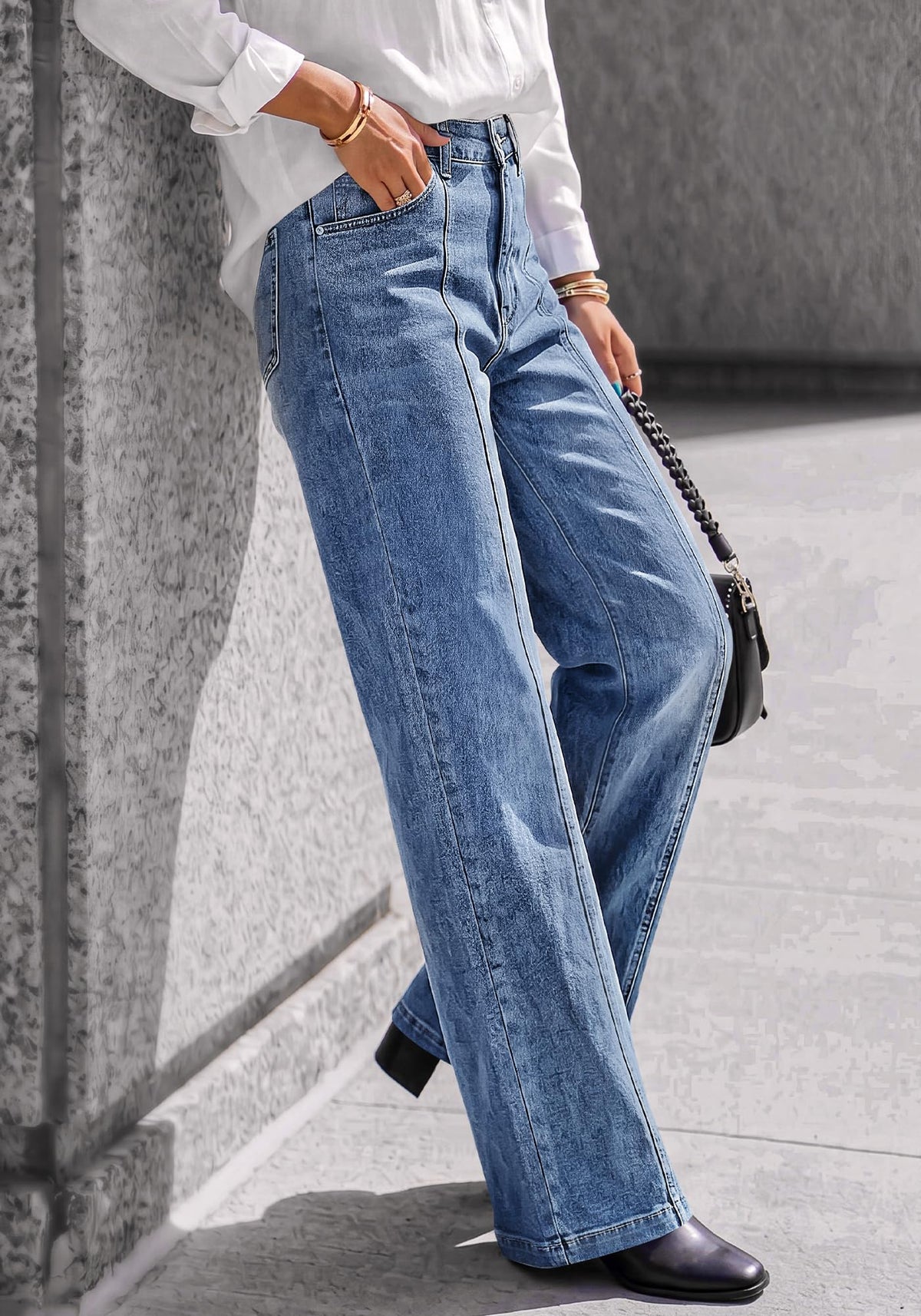 BTFBM Front Seam Stretchy Wide Straight Leg Jeans for Women Trendy Boyfriend Baggy Denim Jeans, High Waisted Palazzo Pants, 5-Pocket, Relaxed Fit, Full Length, Casual Bottoms, Fall Outfits