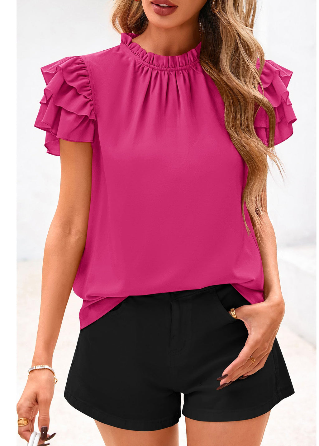 FreshPretty Blouses for Women Dressy Casual Spring Summer Ruffle Short Sleeve Mock Neck Work Shirts Tops Fashion Clothing