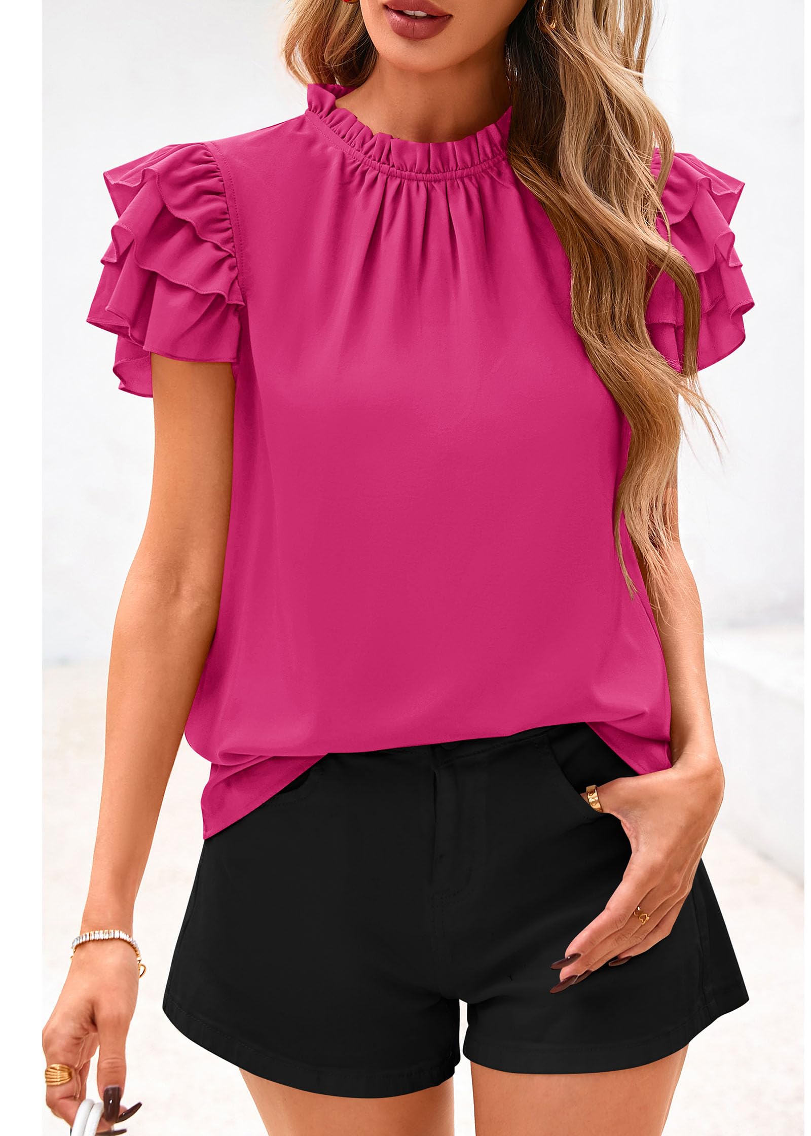 FreshPretty Blouses for Women Dressy Casual Spring Summer Ruffle Short Sleeve Mock Neck Work Shirts Tops Fashion Clothing