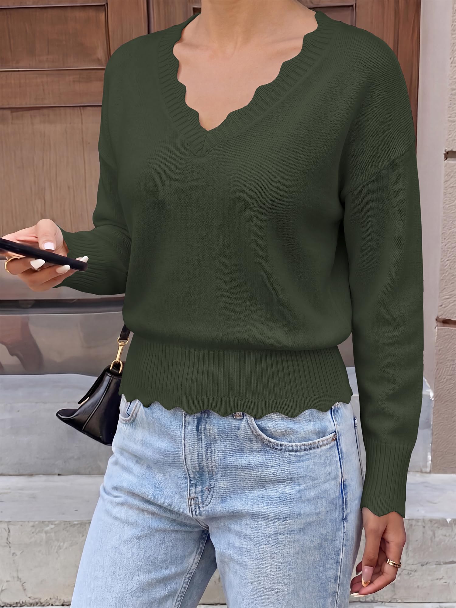 BTFBM Fall Long Sleeve Sweaters for Women | V Neck,Drop Shoulders,Scallop Edges,Lightweight Knit Sweaters Top,Daily Wear,Holiday,Christmas,Winter Clothing
