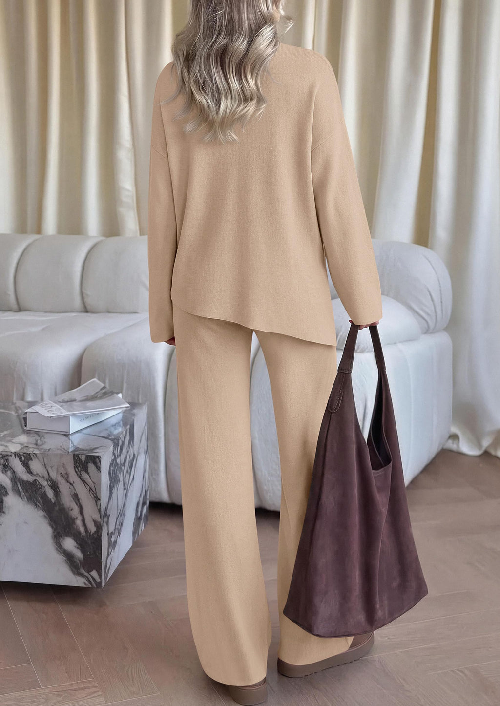 PRETTYGARDEN Womens Fall 2 Piece Asymmetric Cozy Sweater Travel Lounge Sets Crewneck Drop Shoulder Tops, Wide Leg Pants, Soft Casual Knit Matching Set,Vacation Airport Holiday Outfits