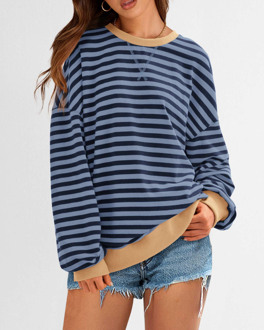 BTFBM Sweatshirt For Women Summer Crewneck Long Sleeve Oversized Striped Pullover Tops Y2K Clothes Workout Shirt