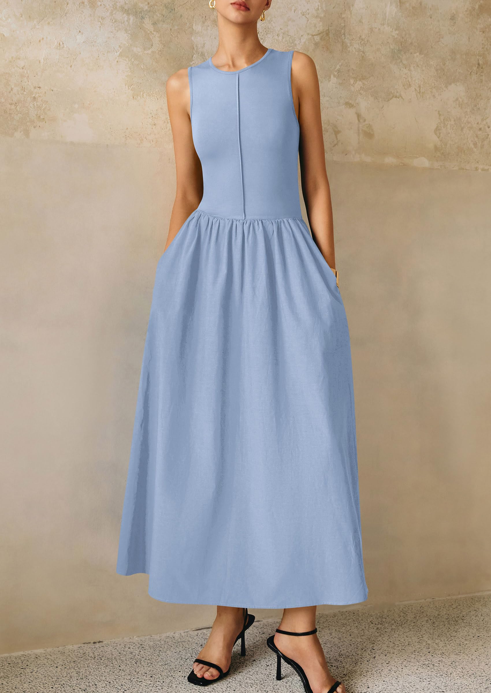 PRETTYGARDEN Maxi Dresses for Women Summer Casual Sleeveless Patchwork Flowy Vacation Sundress Knit Long Work Tank Dress