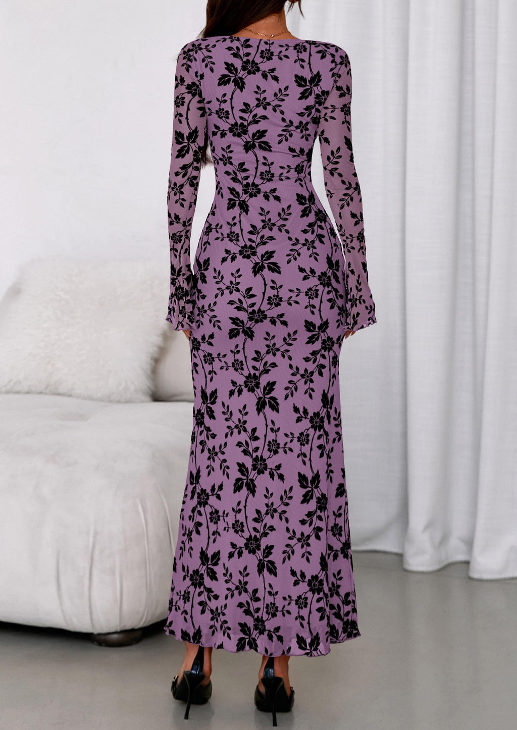 PRETTYGARDEN Women's Floral Bodycon Maxi Dress Fall Elegant Mesh Long Sleeve Formal Wedding Guest Cocktail Dresses