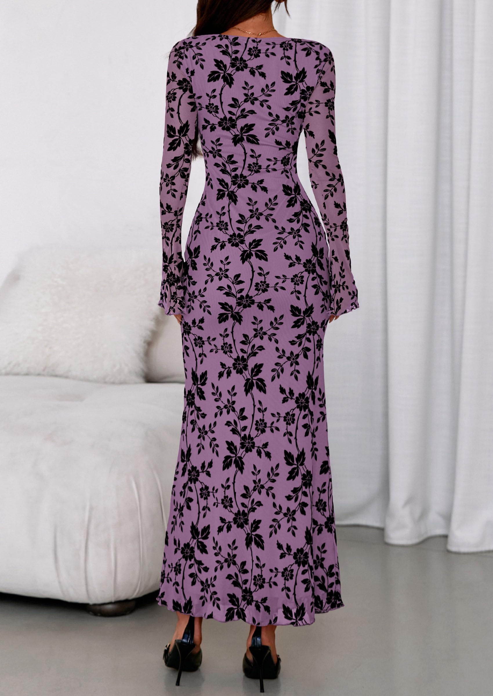 PRETTYGARDEN Women's Floral Bodycon Maxi Dress Fall Elegant Mesh Long Sleeve Formal Wedding Guest Cocktail Dresses