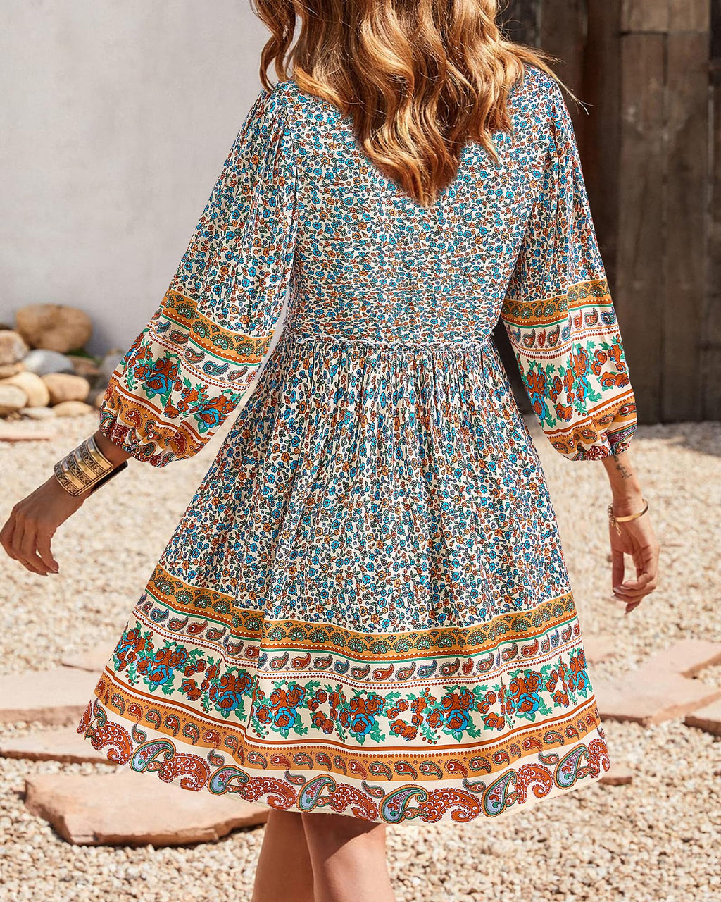 BTFBM Women Casual Spring Summer Dresses V Neck 3/4 Long Sleeve Ruffle Floral Flowy Boho Babydoll Mini Short Beach Dress