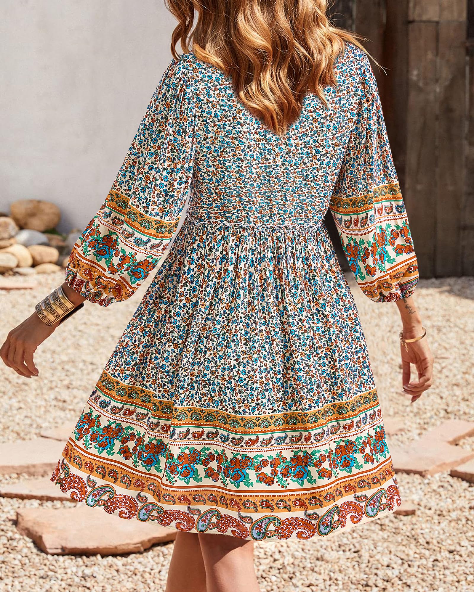 BTFBM Women Casual Spring Summer Dresses V Neck 3/4 Long Sleeve Ruffle Floral Flowy Boho Babydoll Mini Short Beach Dress