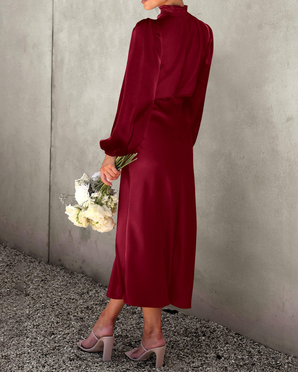 BTFBM Womens Mock Neck Satin Dress Spring Summer Long Sleeve Lightweight Formal Wedding Party Maxi Cocktail Dresses