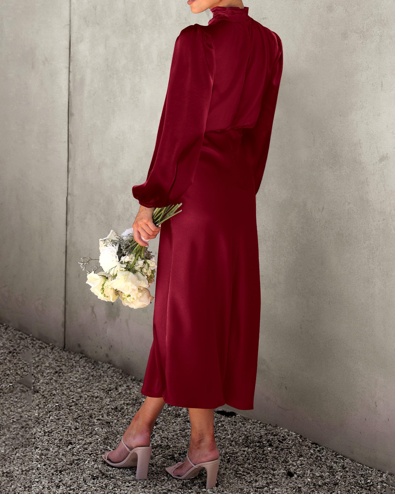 BTFBM Womens Mock Neck Satin Dress Spring Summer Long Sleeve Lightweight Formal Wedding Party Maxi Cocktail Dresses