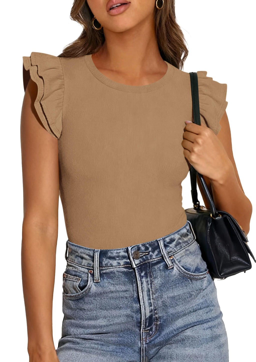 PRETTYGARDEN Womens Summer Crew Neck T Shirts Trendy Ruffle Sleeve Slim Fit Knit Going Out Tops Casual Spring Clothes