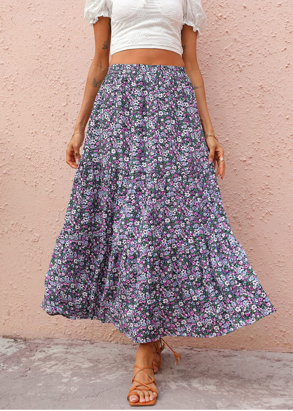 FreshPretty Women Summer Fall Boho Long Skirts Dress Floral Print Elastic Waist Split Ruffle High Low Beach Maxi Skirt