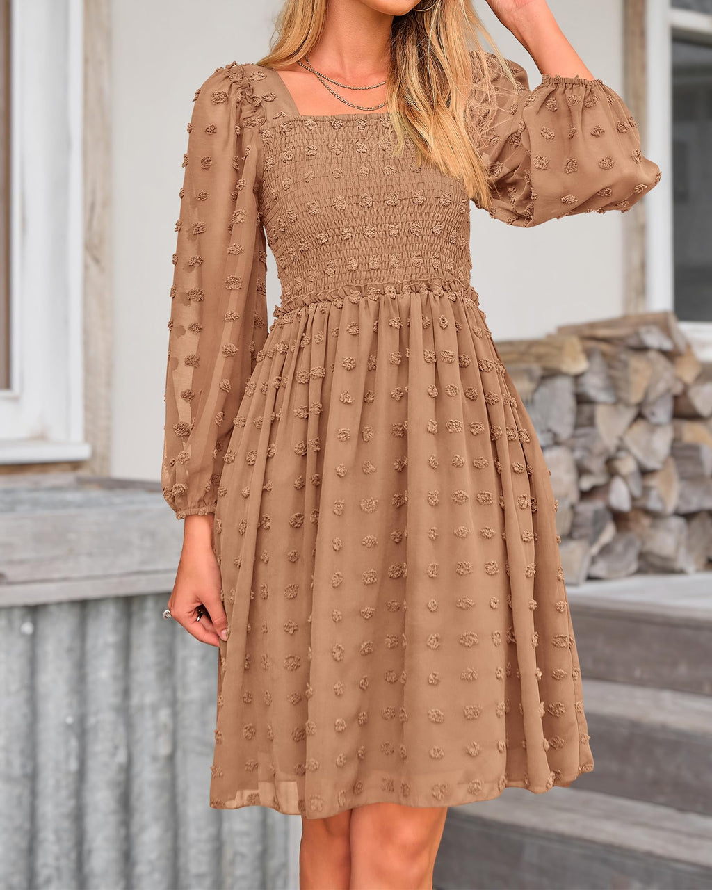 BTFBM Womens Long Sleeve Dress Summer Vacation Square Neck Smocked Floral Mini Boho Spring Wedding Guest Dresses