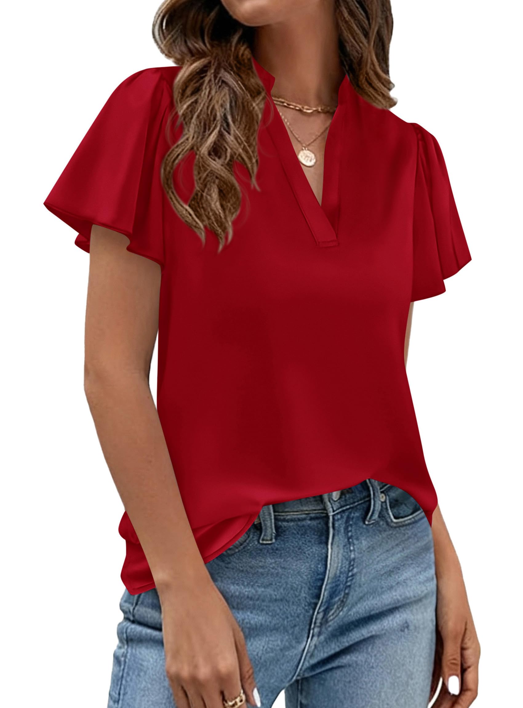 PRETTYGARDEN Women's Summer Satin Blouses Dressy Casual Ruffle Cap Sleeve V Neck Business Work Cute Tops Spring Outfits