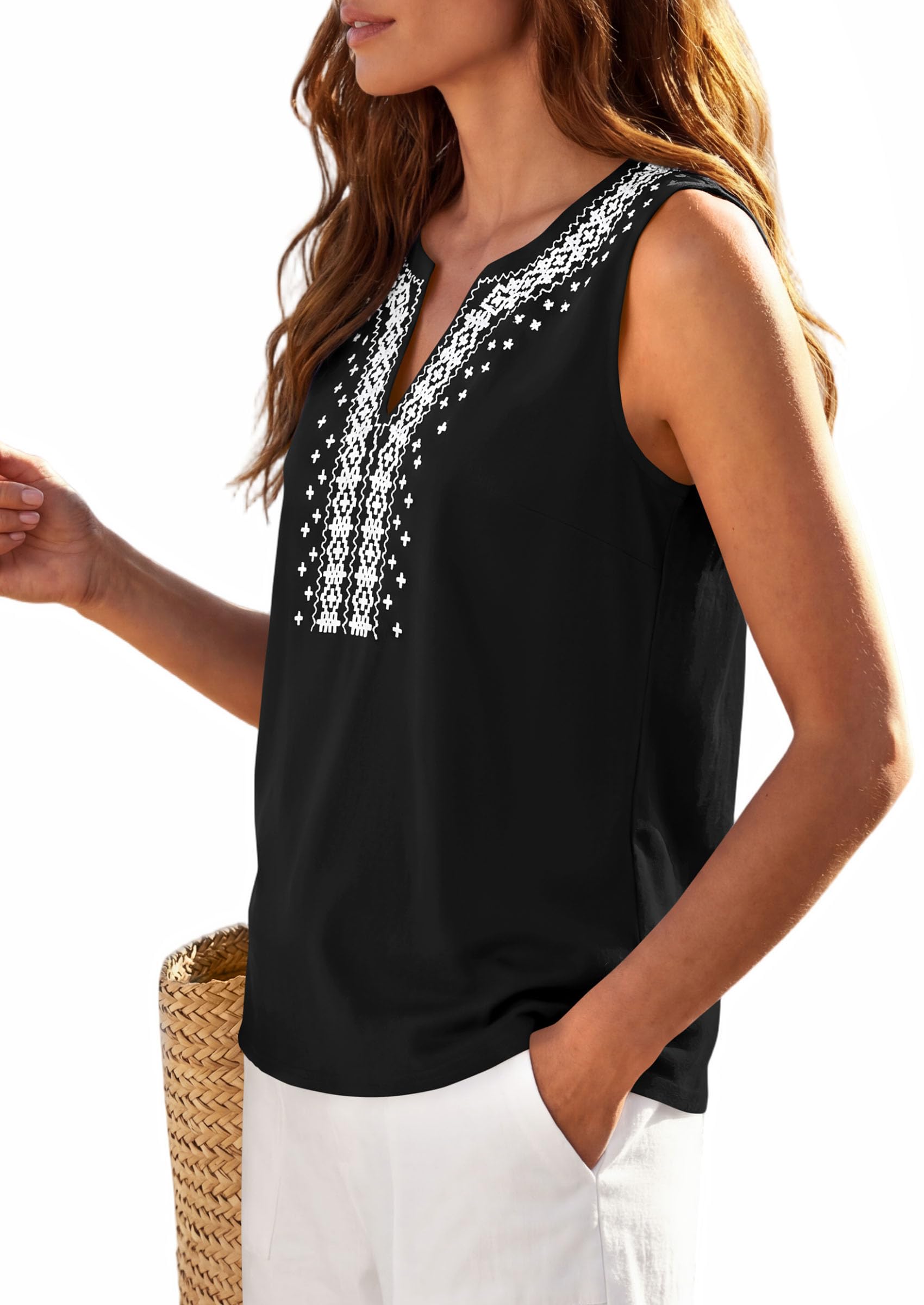 PRETTYGARDEN Womens Tank Tops Summer Causal V Neck Sleeveless Shirts Floral Print Embroidered Beach Vacation Boho Top