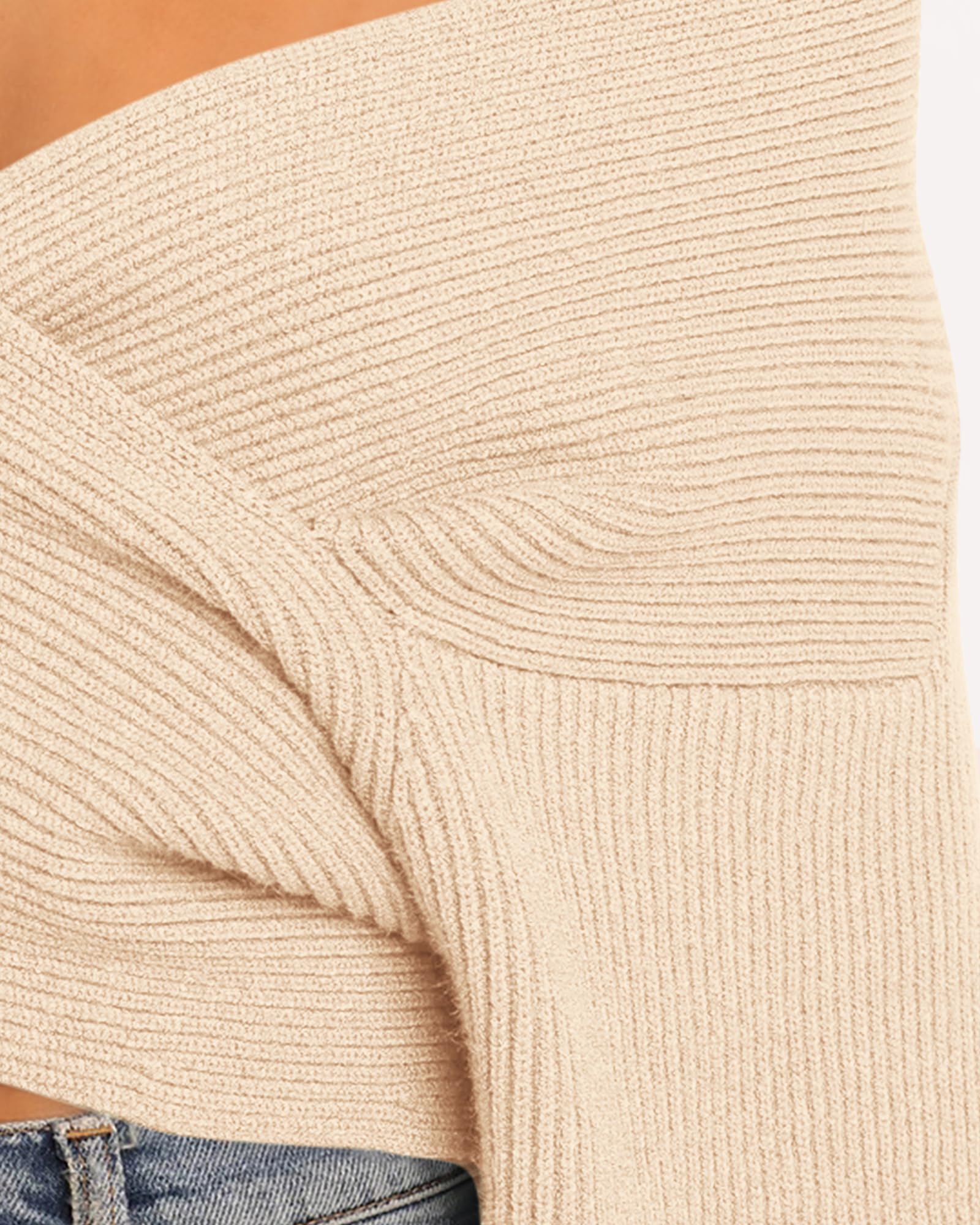 BTFBM Off The Shoulder Sweater for Women Winter Fall Fashion V Neck Long Sleeve Ribbed Knit Wrap Cropped Sweaters