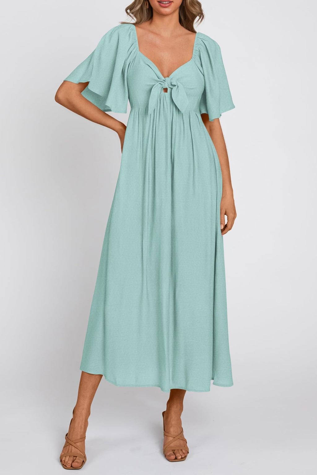 PRETTYGARDEN Summer Dress for Women Casual Short Sleeve Bow Tie V Neck Ruffle Midi Flowy Dresses