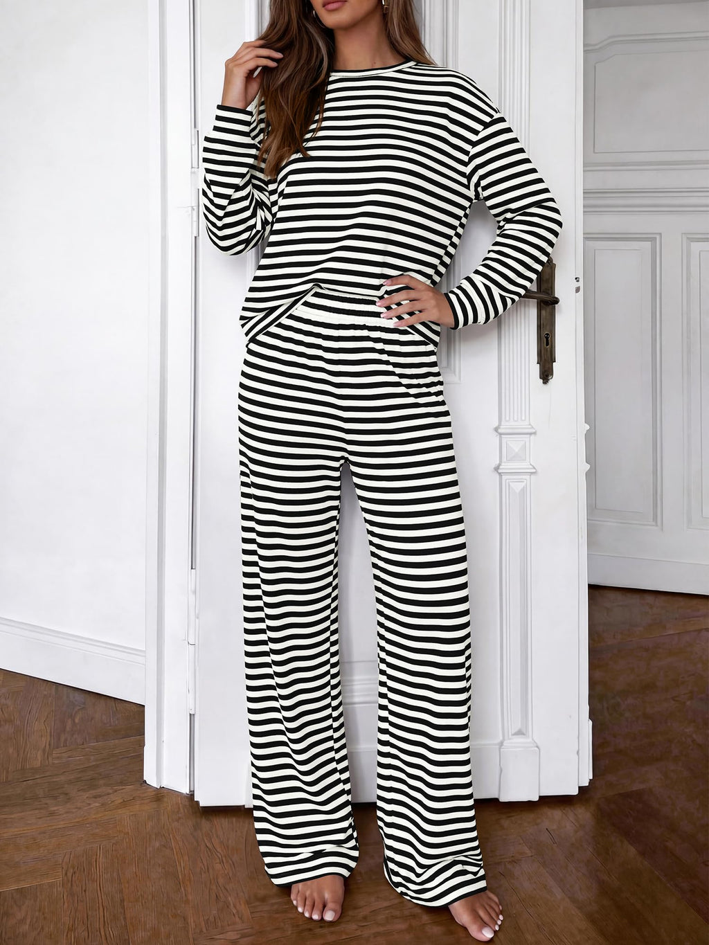 BTFBM Striped Lounge Set Sweatsuits Women 2 Piece Outfit | Womens Pajama Sets, Crew Neck Sweatshirt and Wide Leg Pants, Pockets, Airport, Travel, Vacation Outfits, Fall Winter Clothes