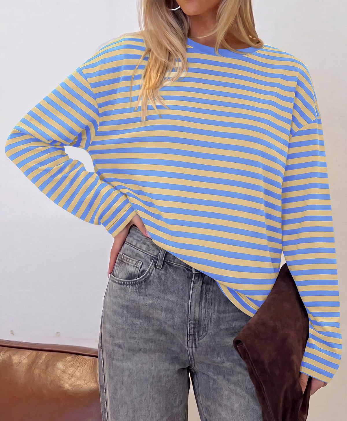 BTFBM Womens Long Sleeve Tops Fall Fashion | Lightweight, Crew Neck, Oversized Striped Shirt Women, Y2k Clothes, Vacation Travel Outfits, Going Out Top, Winter Layering
