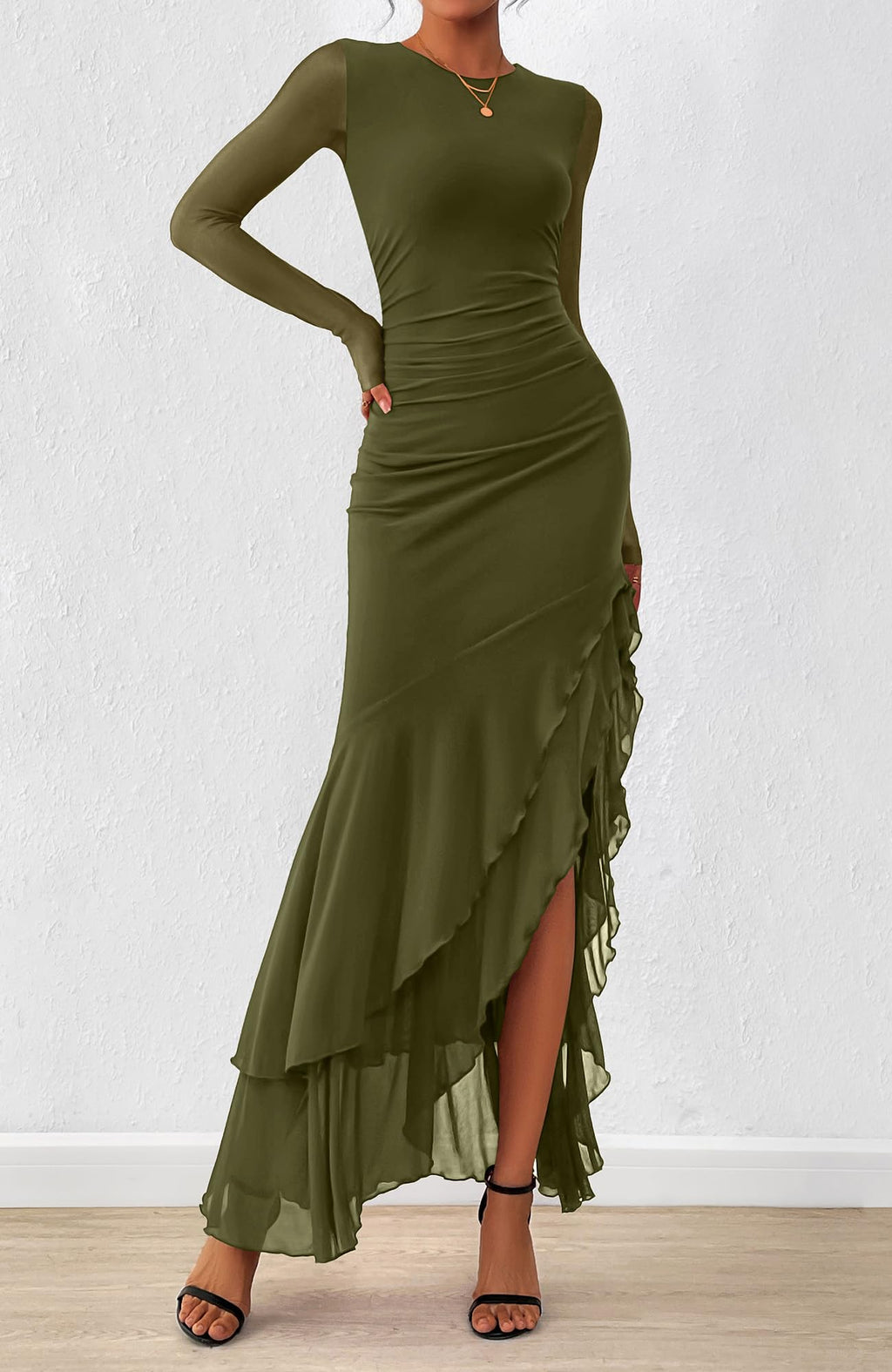 BTFBM Women's Maxi Dresses Fall Long Sleeve Wedding Guest Dress Mesh,Ruched,Bodycon,High Split,Solid Color,Ruffle, Mermaid,Cocktail Dresses,Prom,Party,Homecoming Dress,Fall Outfits