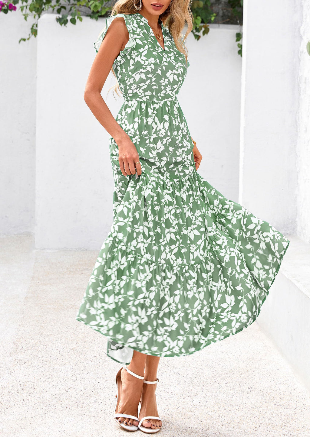 Visit the PRETTYGARDEN Store PRETTYGARDEN Women's Summer Floral Midi Dress Cap Sleeve V Neck Ruffle Long Flowy Boho Casual Beach Vacation Dresses