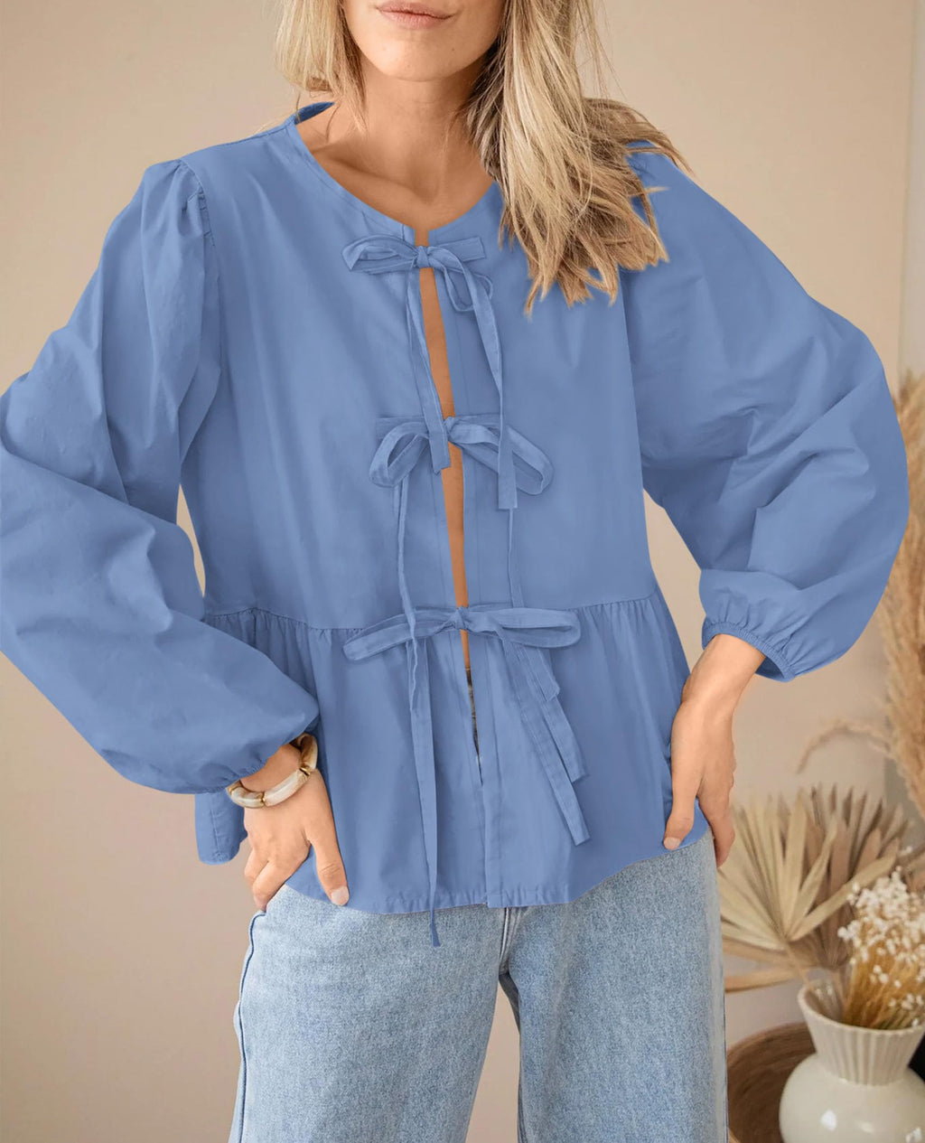 PRETTYGARDEN Women's Spring Fall Babydoll Peplum Blouse Shirt Puff Long Sleeve Bow Tie Front Trendy Cute Y2K Going Out Tops