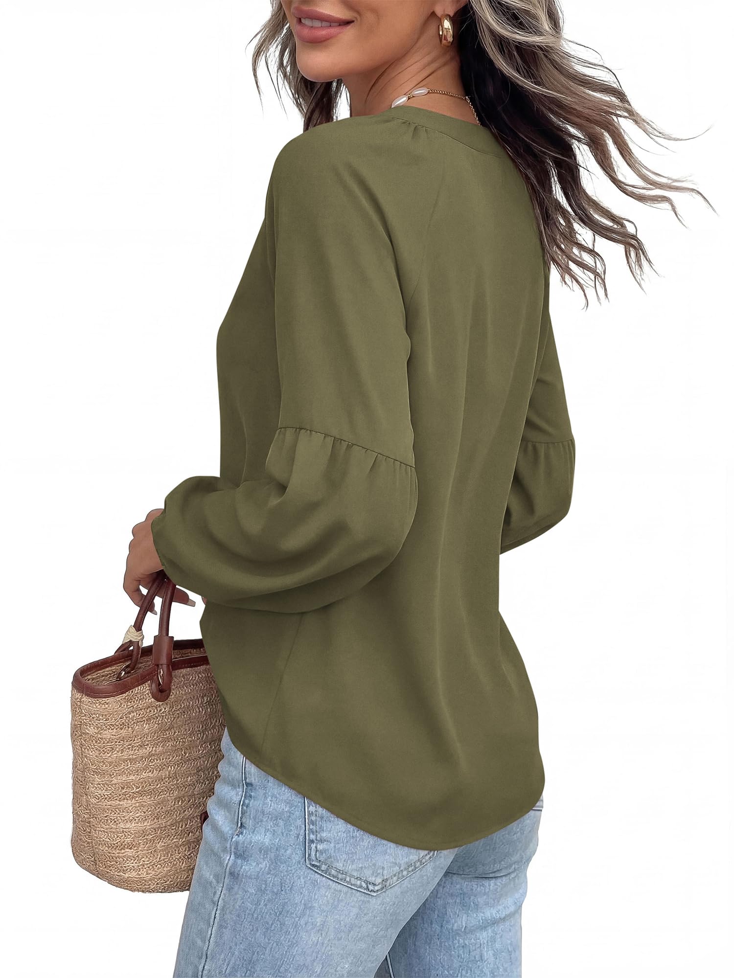 BTFBM Blouses for Women Dressy Casual Boho Tops V Neck Lightweight Long Sleeve Shirts Spring Clothes