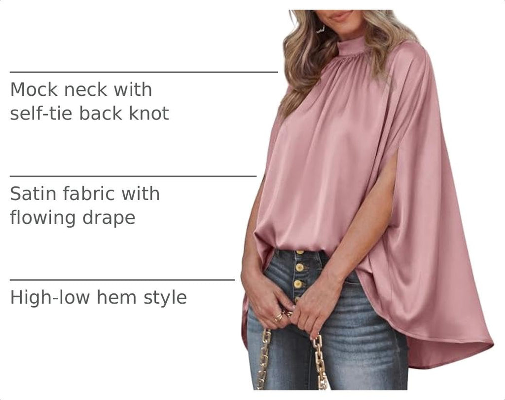BTFBM Womens Summer Tops Mock Neck Batwing Sleeve Silk Satin Shirts Loose Oversized Dressy Casual Spring Blouses