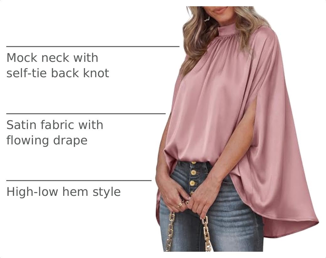 BTFBM Womens Summer Tops Mock Neck Batwing Sleeve Silk Satin Shirts Loose Oversized Dressy Casual Spring Blouses