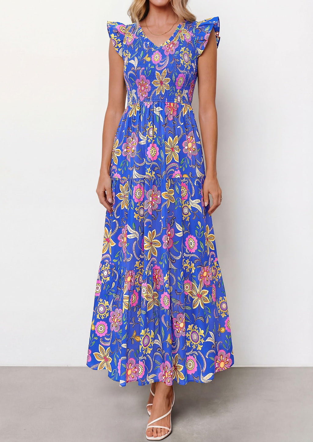 PRETTYGARDEN Women's Boho Floral Maxi Dress Summer Smocked V Neck Ruffle Sleeve Spring Flowy Beach Vacation Sundresses