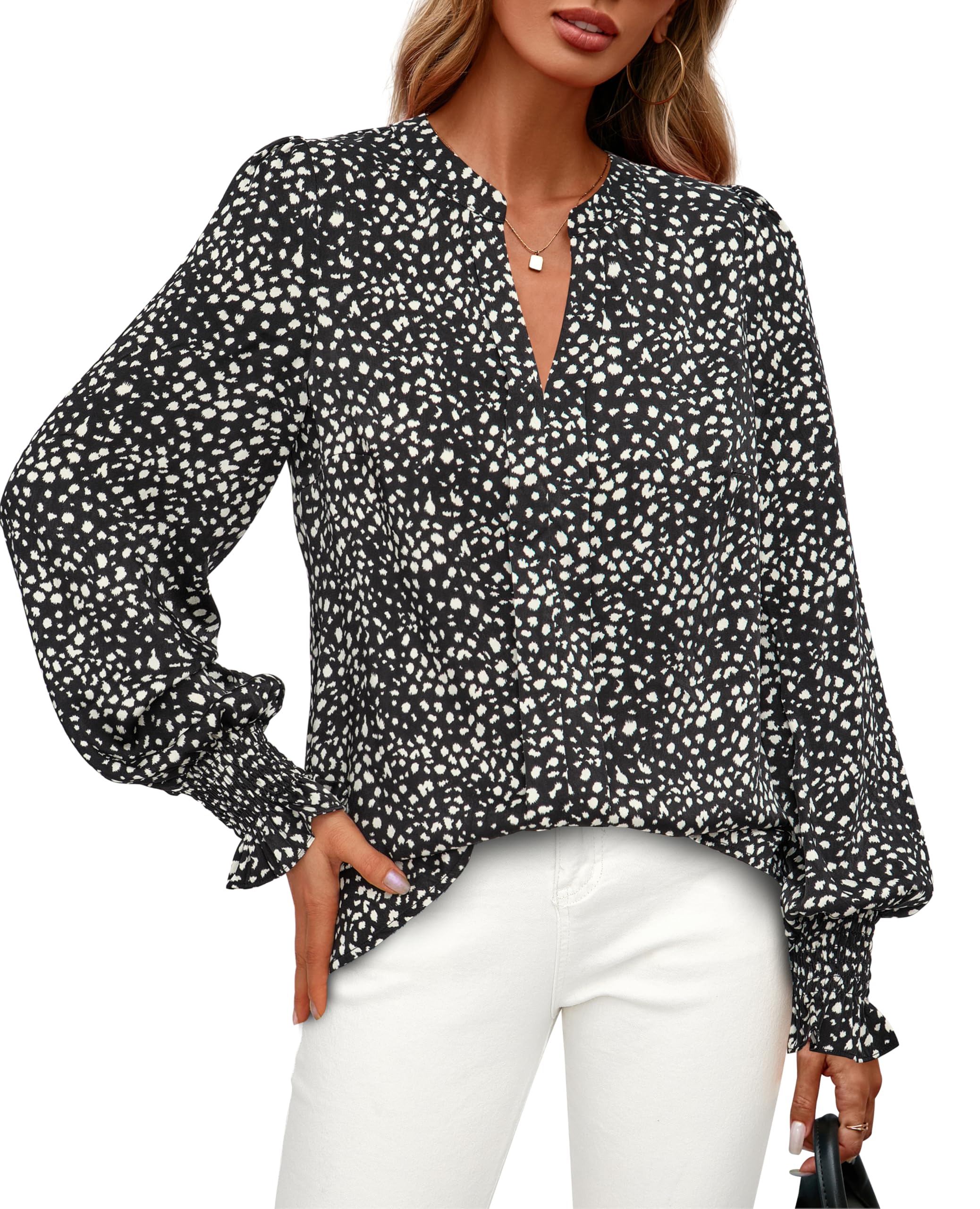 FreshPretty Womens Boho Floral Long Sleeve Tops Fall Fashion V Neck Loose Chiffon Work Blouses Dressy Casual Ruffle Shirts