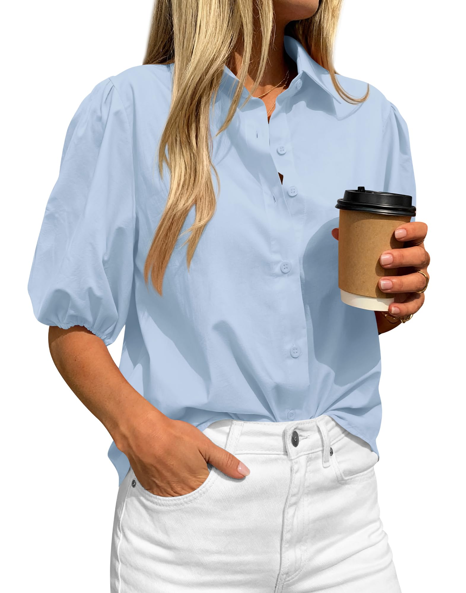 BTFBM Women's Button Down Shirts Short Puff Sleeve Collared V Nec Summer Tops Dressy Casual Work Business Blouses