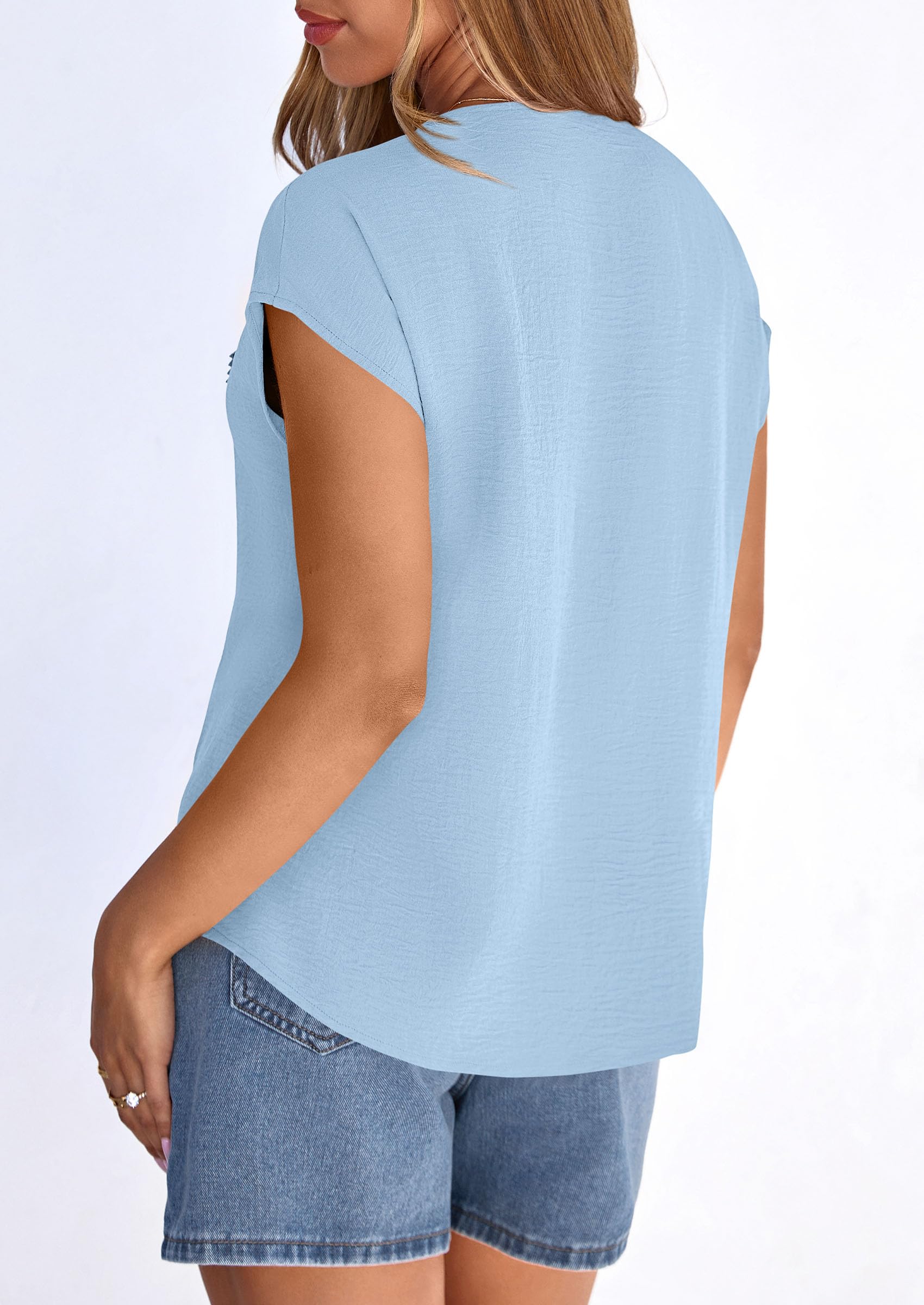 PRETTYGARDEN Spring Tops for Women Summer Fashion Clothes Dressy Casual Blouses Cap Sleeve V Neck Shirts Work Outfits