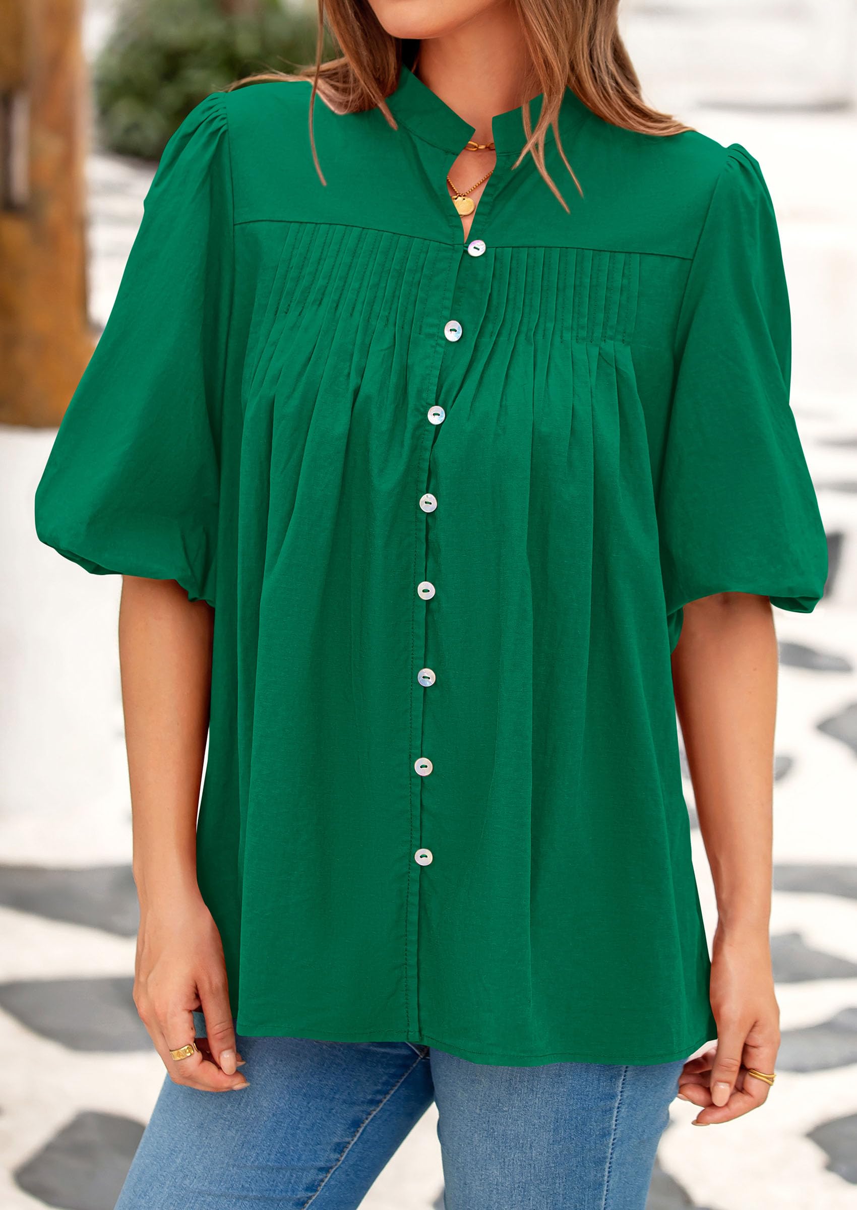 PRETTYGARDEN Women's  Summer Short Lantern Sleeve Tops Loose Fit Button Down Shirt Pleated V Neck Blouses Trendy Clothes