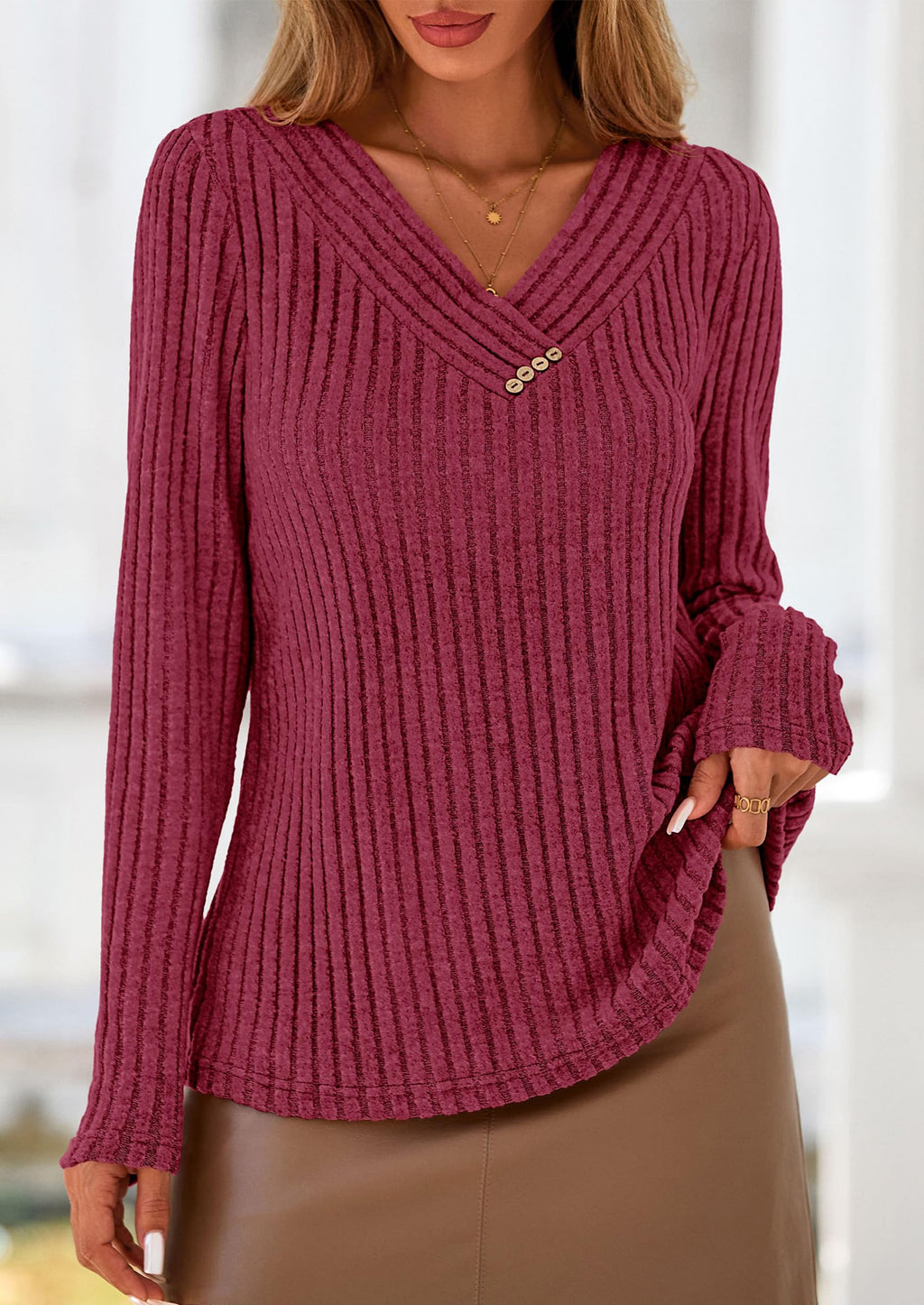 PRETTYGARDEN Women's Long Sleeve Shirts Fall Fashion Clothes Casual Ribbed V Neck Loose Tunic Tops Lightweight Sweaters