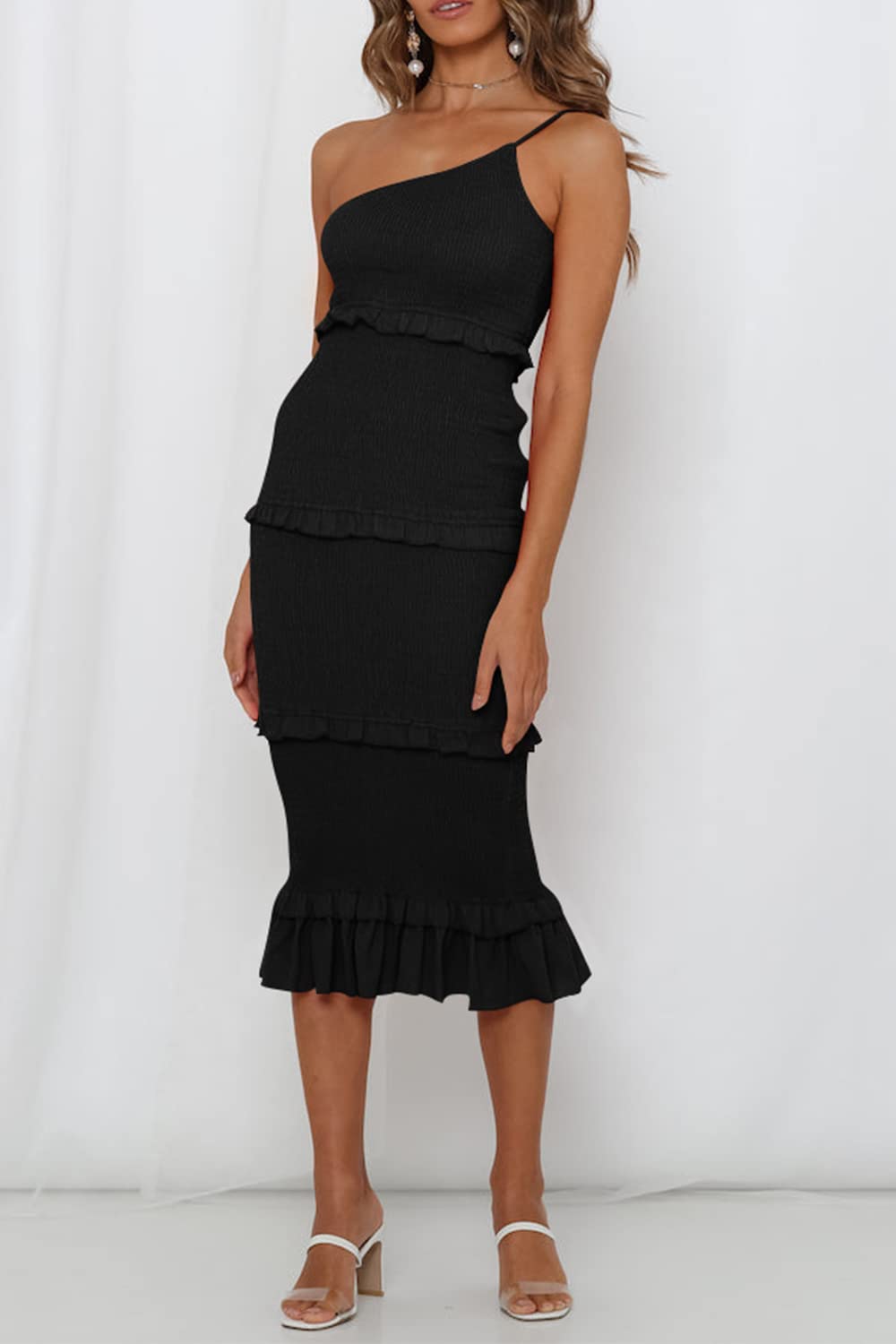 PRETTYGARDEN Women's Summer Midi Bodycon Dresses One Shoulder Strappy Tiered Ruffle Floral Boho Sun Dress