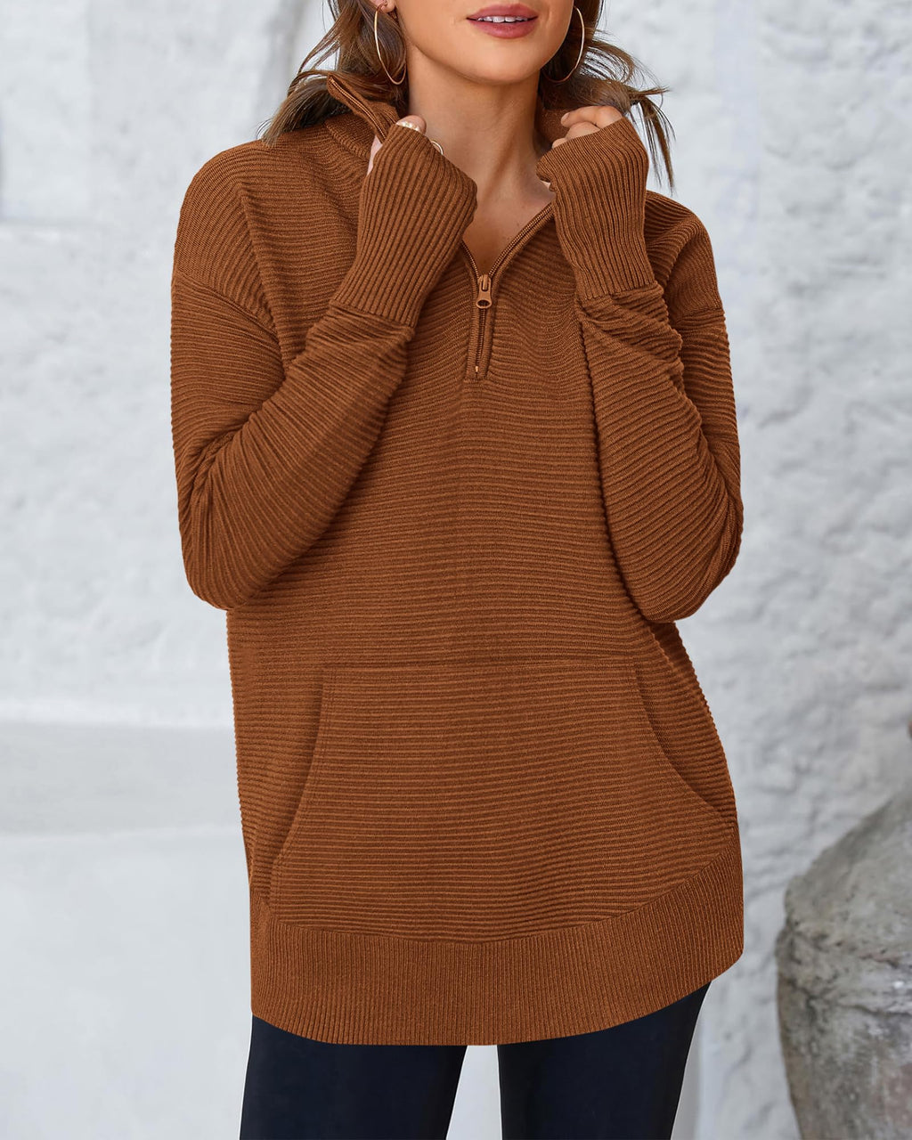 BTFBM Sweaters for Women Fall Clothes Pocket Quarter Zip Pullover V Neck Long Sleeve Knit Trendy Winter Sweater