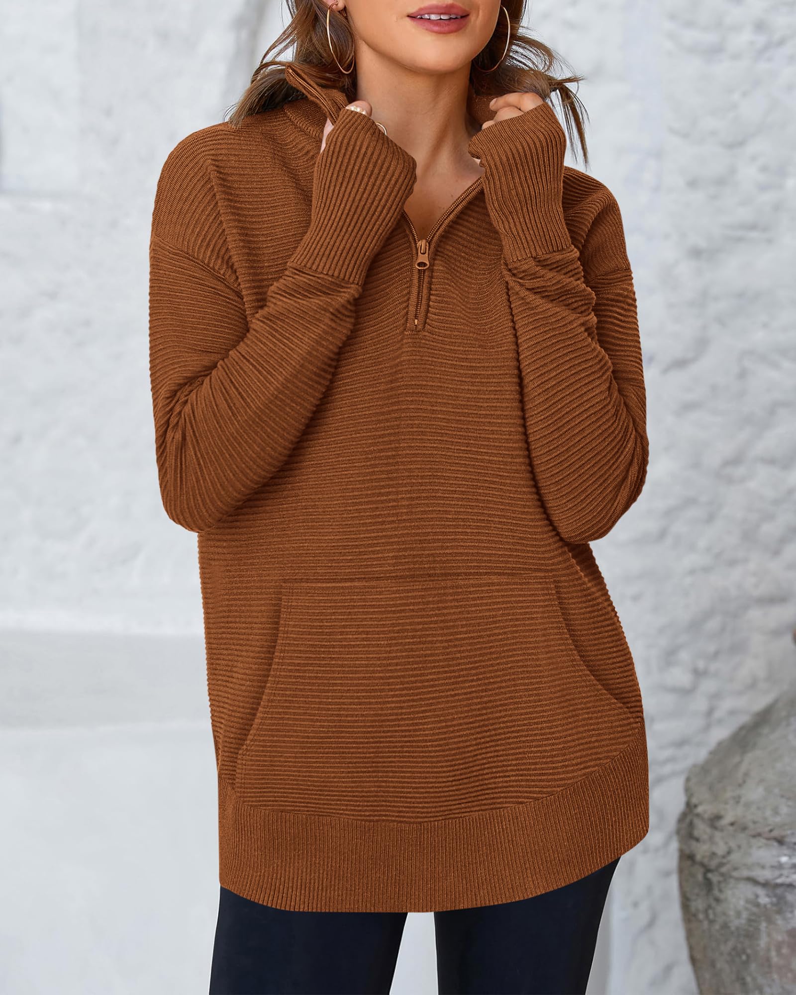 BTFBM Sweaters for Women Fall Clothes Pocket Quarter Zip Pullover V Neck Long Sleeve Knit Trendy Winter Sweater