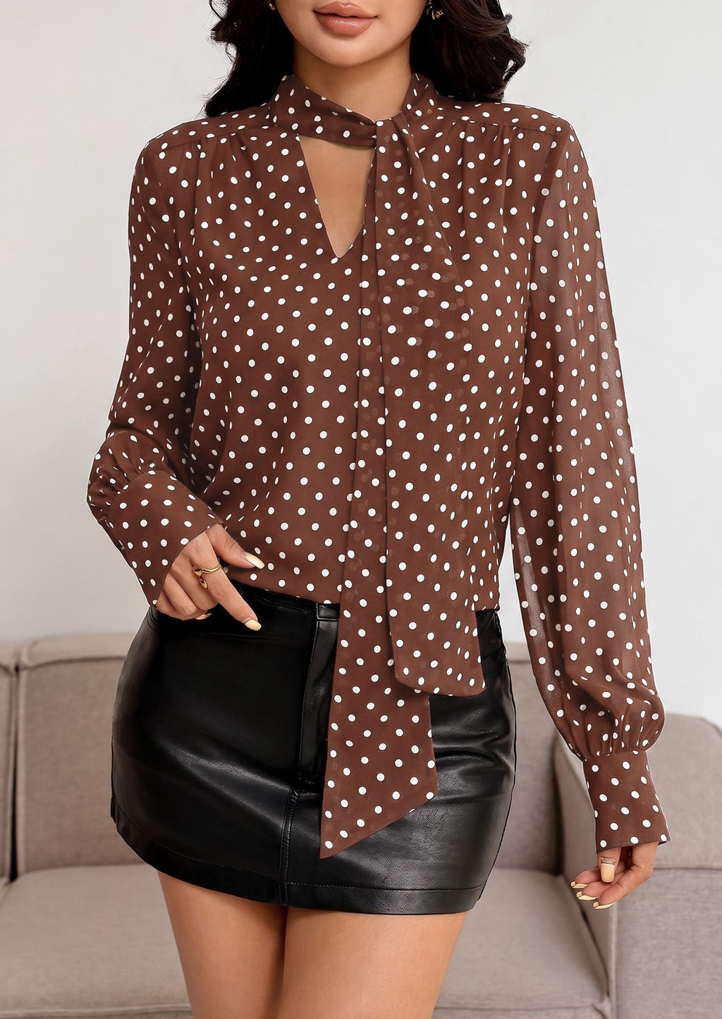 PRETTYGARDEN Women Chiffon Boho Blouses Dressy Casual Flowy Fall Tops, Long Sleeve V Neck Shirts with Tie, Elegant Date Night Outfit for Work Office, Going Out