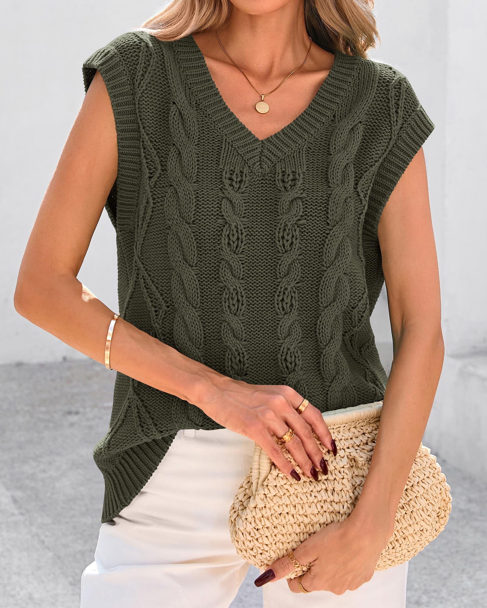 FreshPretty Sweater Vest Women Oversized V Neck Cable Knit Casual Pullover Sweaters Fall Outfits Sleeveless Tops