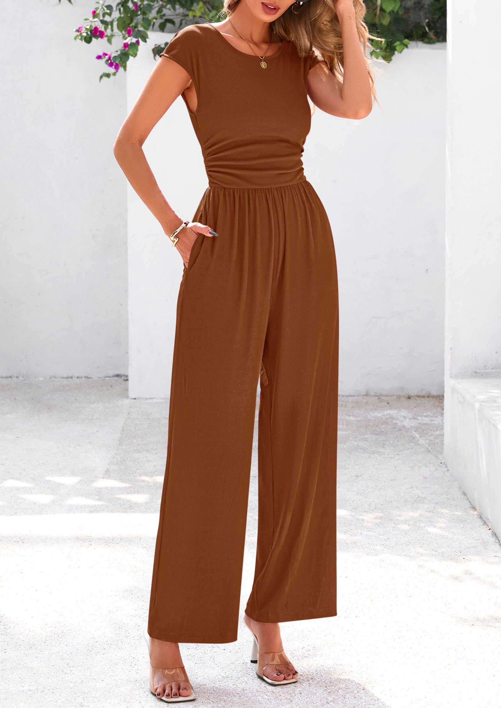 PRETTYGARDEN Summer Jumpsuits for Women Dressy Ribbed Cap Sleeve Wide Leg Pants Rompers Elegant Casual One Piece Outfits