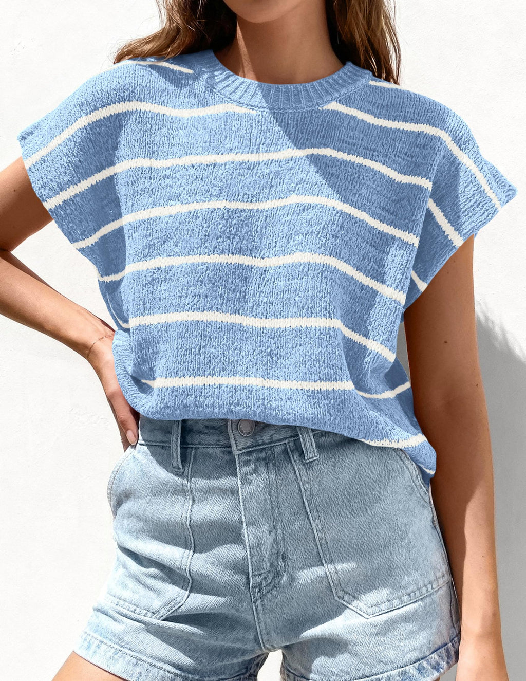 PRETTYGARDEN Womens Summer Short Sleeve Tops Trendy Crew Neck Striped Knit Sweater Business Casual Spring Clothes