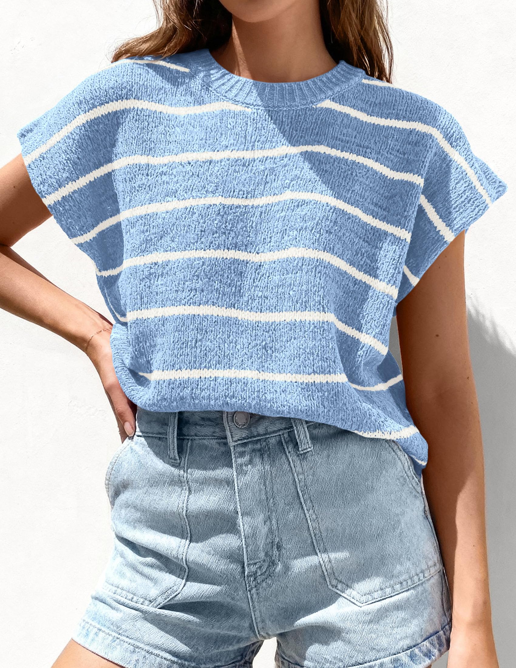 PRETTYGARDEN Womens Summer Short Sleeve Tops Trendy Crew Neck Striped Knit Sweater Business Casual Spring Clothes
