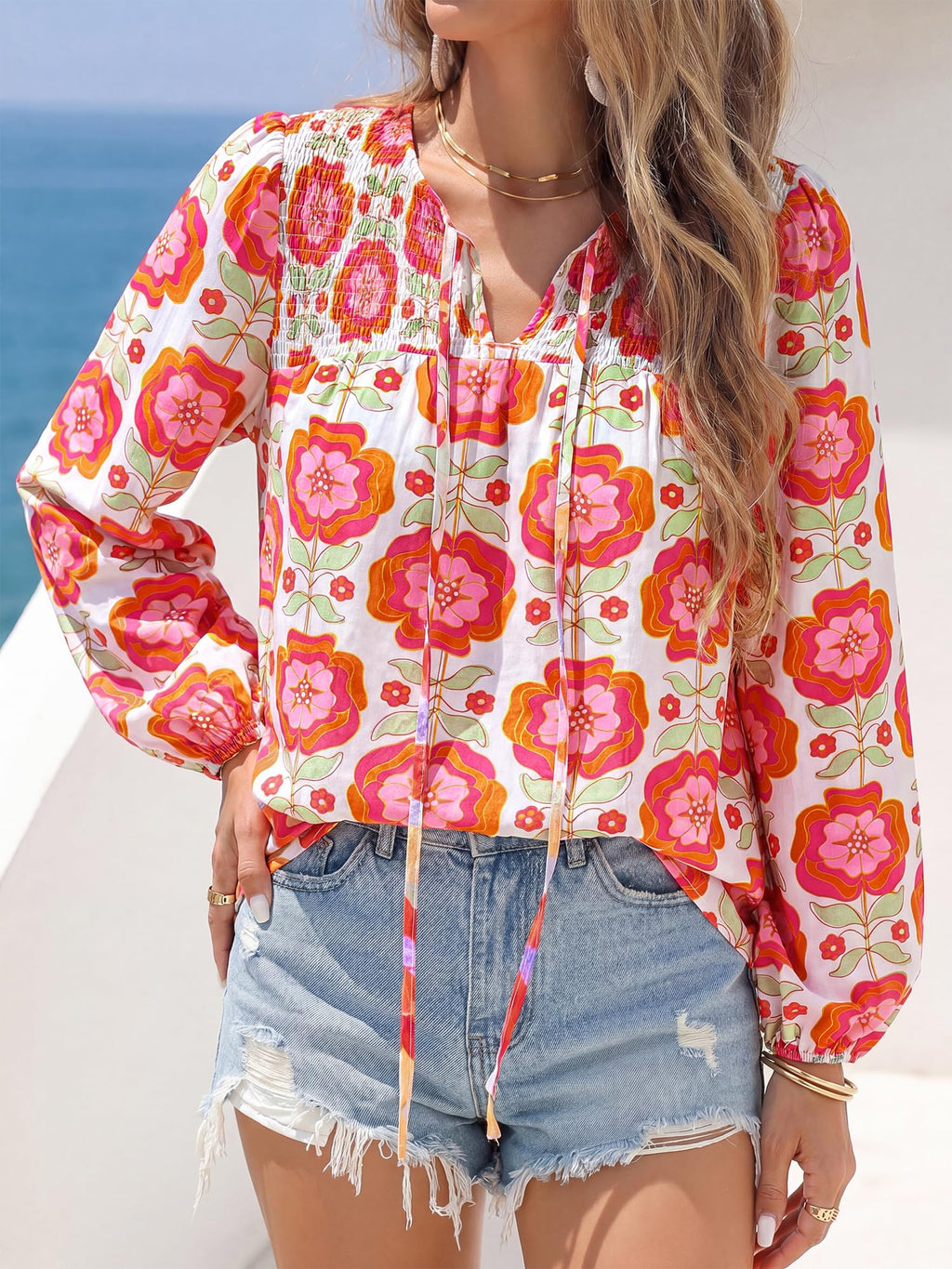 FreshPretty Boho Tops for Women Trendy Fall V Neck Floral Peasant Blouse,Lightweight Soft Puff Long Sleeve Shirts,Smocked Self-Tie Polka Dot Loose Work Blouses,Casual Daily Travel Vacation Outfits