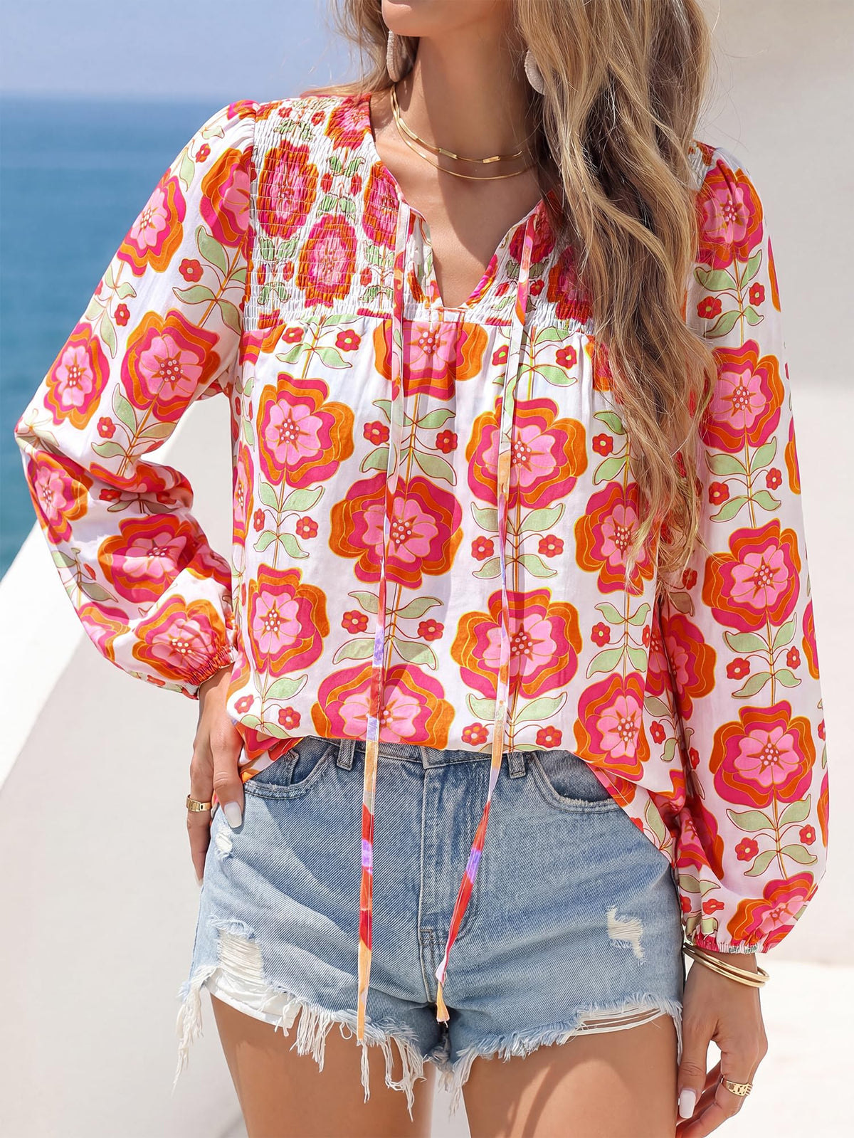 FreshPretty Boho Tops for Women Trendy Fall V Neck Floral Peasant Blouse,Lightweight Soft Puff Long Sleeve Shirts,Smocked Self-Tie Polka Dot Loose Work Blouses,Casual Daily Travel Vacation Outfits