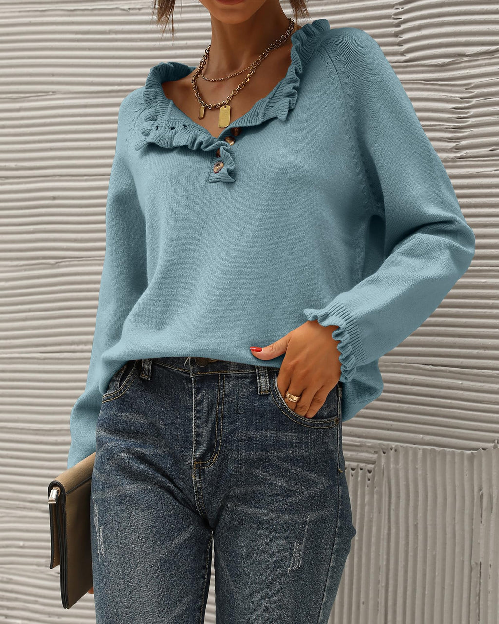 FreshPretty Womens Sweaters Fall Winter Clothes Long Sleeve Button Down Ruffle Crew Neck Casual Knitted Pullover Tops